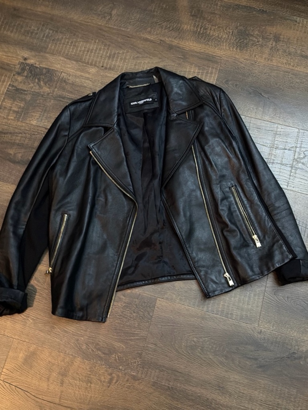 KARL LAGERFELD PARIS MOTO BIKER JACKET WOMEN XL BLACK GENUINE LEATHER HAND PAINT